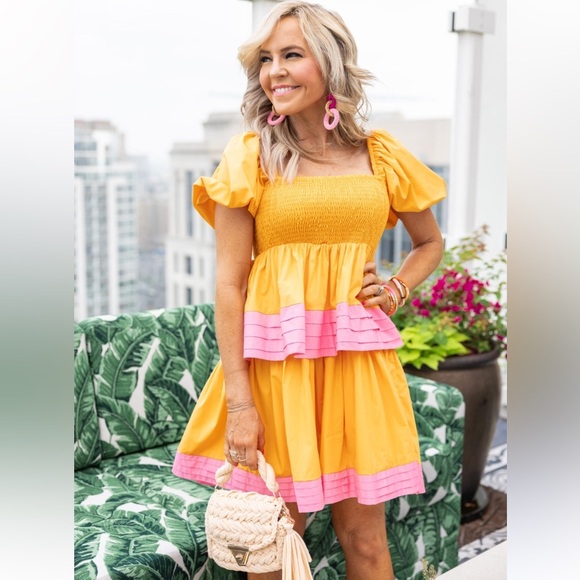 English Factory Dress M Clementine Punch Mini Puff Sleeve Smocked Tiered Preppy - Picture 13 of 13